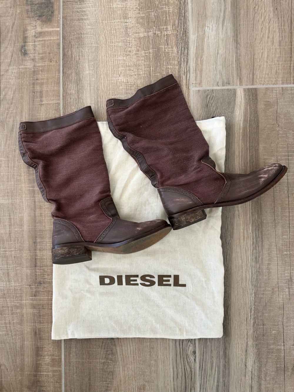 Diesel Brown Fabric and Brown Leather Women's Mid-Calf Boots - Picture 2 of 7